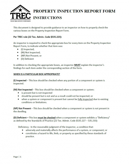 Property Inspection Report Form Instruction Sheet